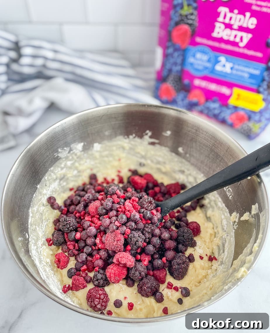 You can use frozen berries for these muffins. Either the triple berry blend or mixed berry blend