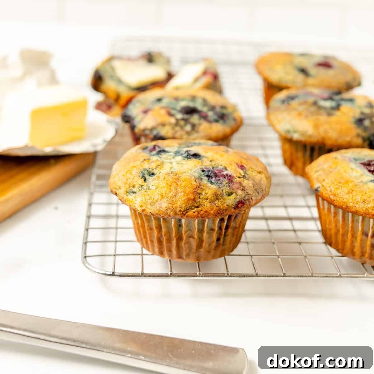 Berry muffins rest on a cooling rack with a knife and a plate of butter on the side, set on a white countertop.