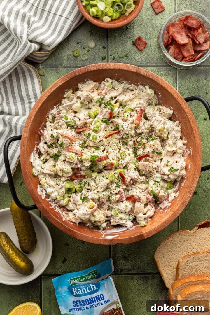 Ranch chicken salad in a large wooden bowl.