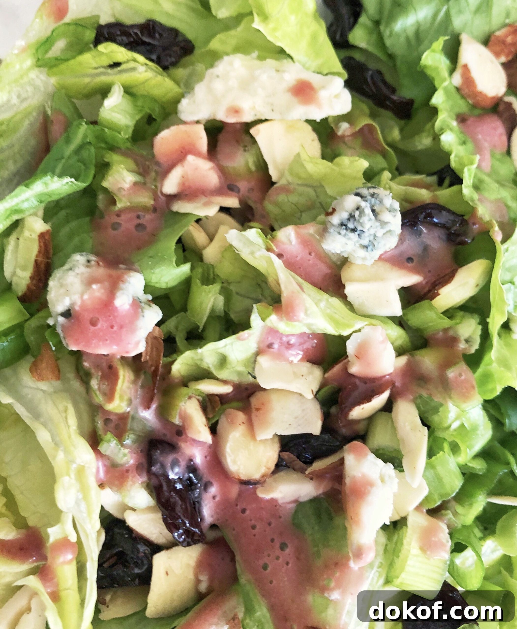 Cherry Vinaigrette Recipe: Tangy Salad Dressing with Fresh Cherries 4 closeup of cherry vinaigrette salad dressing poured over salad