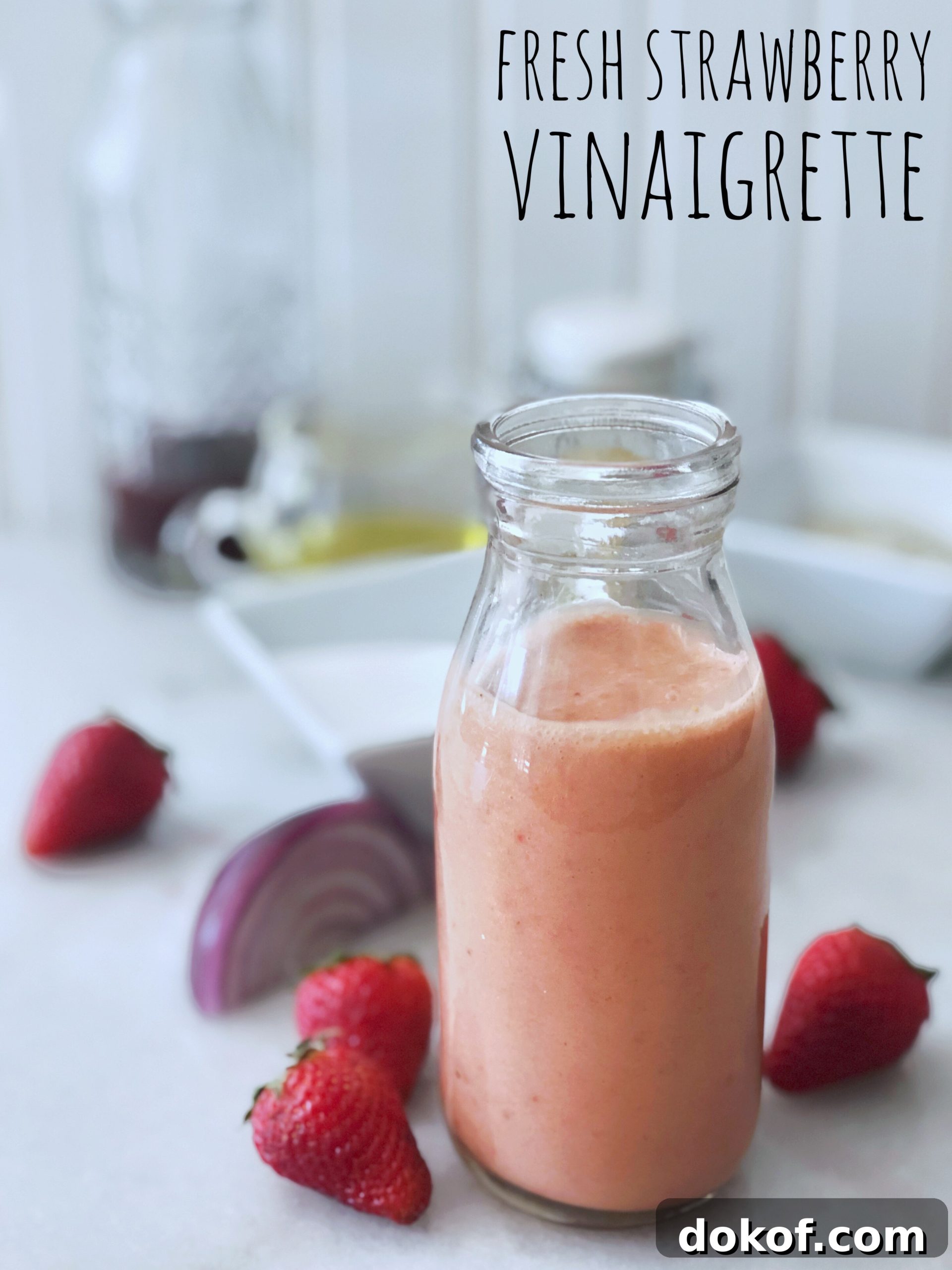 Cherry Vinaigrette Recipe: Tangy Salad Dressing with Fresh Cherries 7 bottle of pink fresh strawberry vinaigrette and scattered ingredients