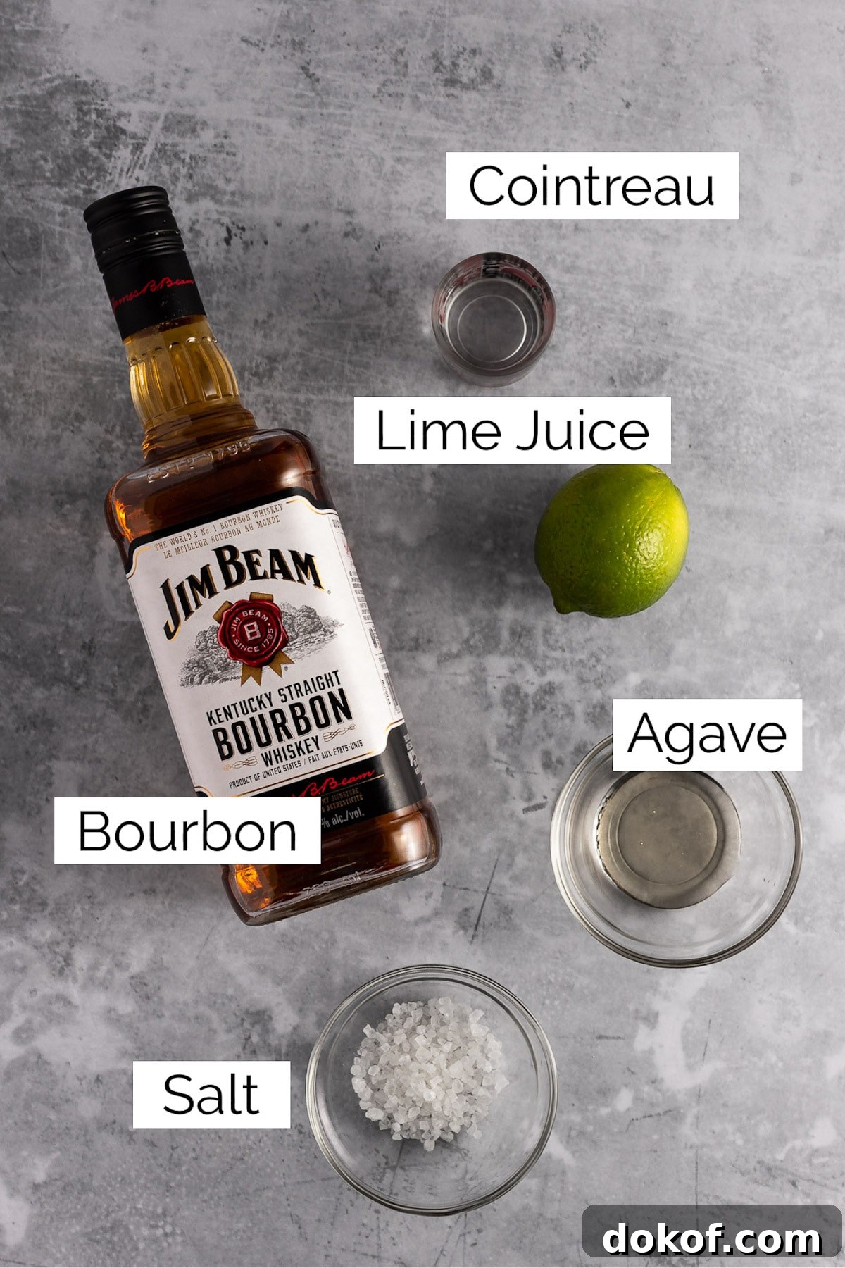 Overhead view of the ingredients needed to make the cocktail.