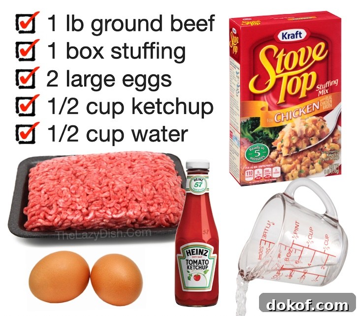 The best ever meatloaf! Just 4 simple and cheap ingredients to make this yummy family meal: ground beef, Stove Top stuffing, eggs and ketchup!