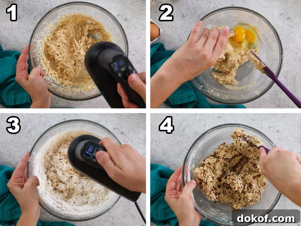 Four photos showing a pecan cookie dough being prepared.