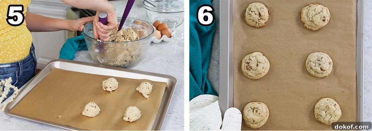 Two photos showing cookie dough scooped, rolled, and baked.