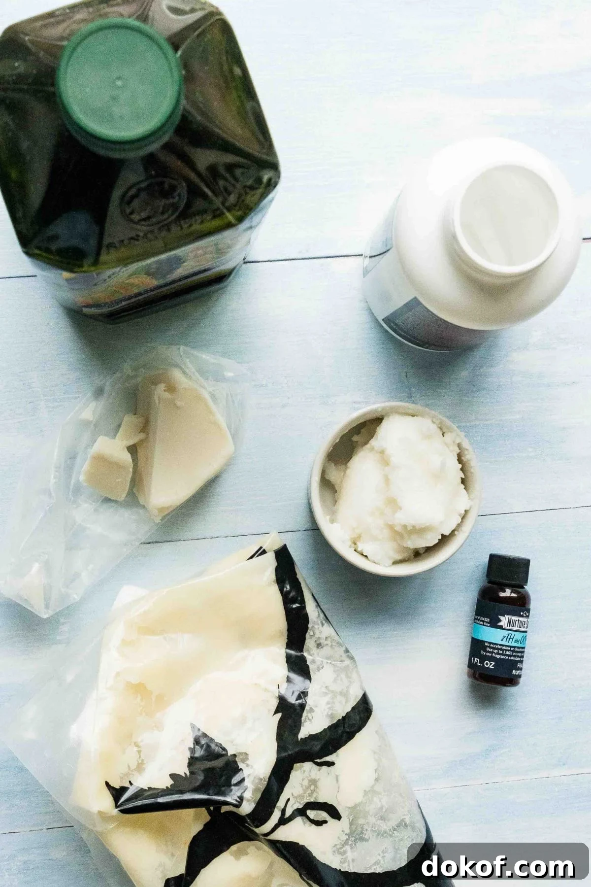ingredients laid out on wooden blue surface.