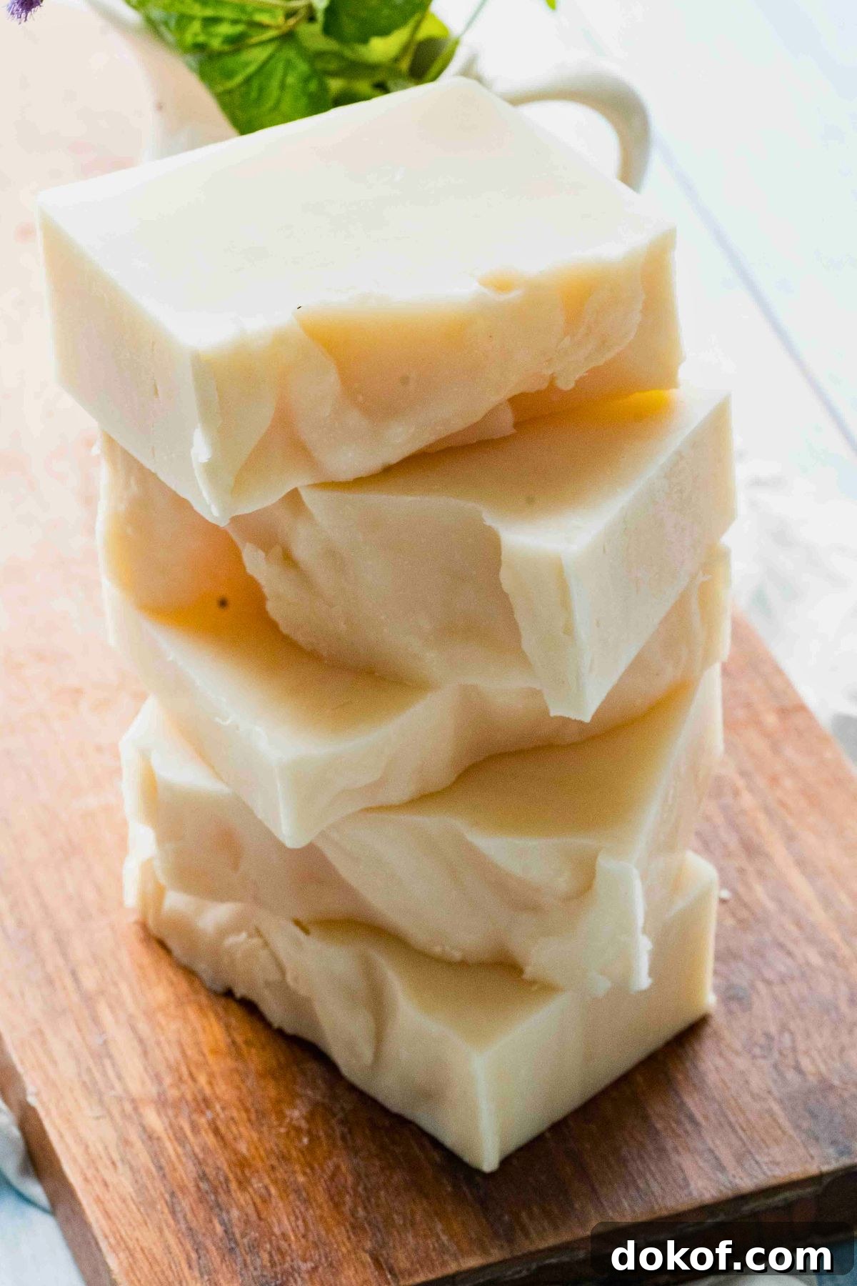 stack of white bars of homemade shea butter soap.