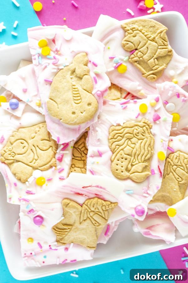 White chocolate unicorn bark with gluten free animal crackers
