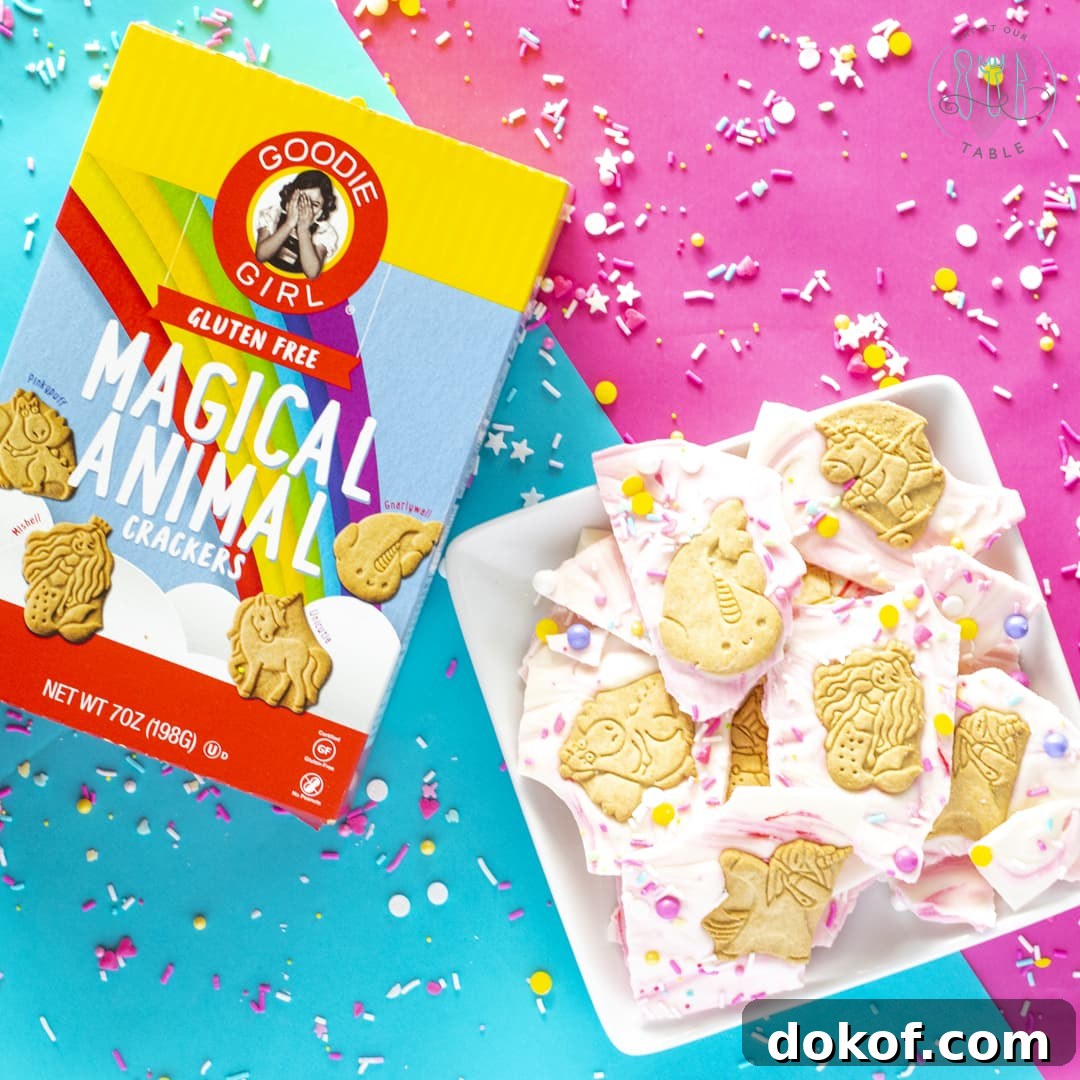 goodie girl magical animal crackers with white chocolate unicorn bark with colored sprinkles