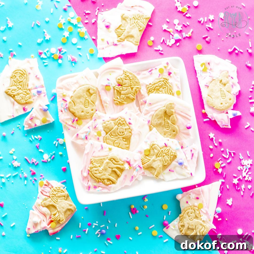 Gluten Free Magical Cookie Unicorn Bark with gluten free animal crackers and sprinkles