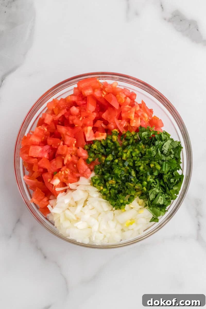 Authentic Pico de Gallo Recipe: Fresh Mexican Salsa Tutorial 6 ingredients for the Pico de Gallo in a large clear bowl.