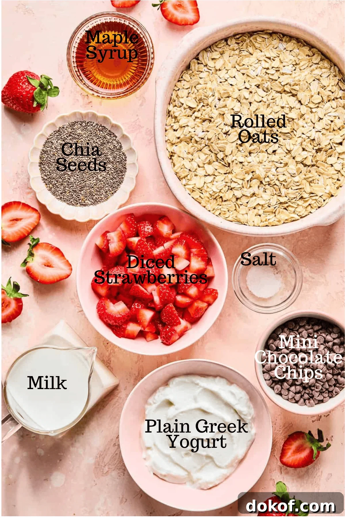 Photo of ingredients for Chocolate Covered Strawberry Overnight Oats with labels.