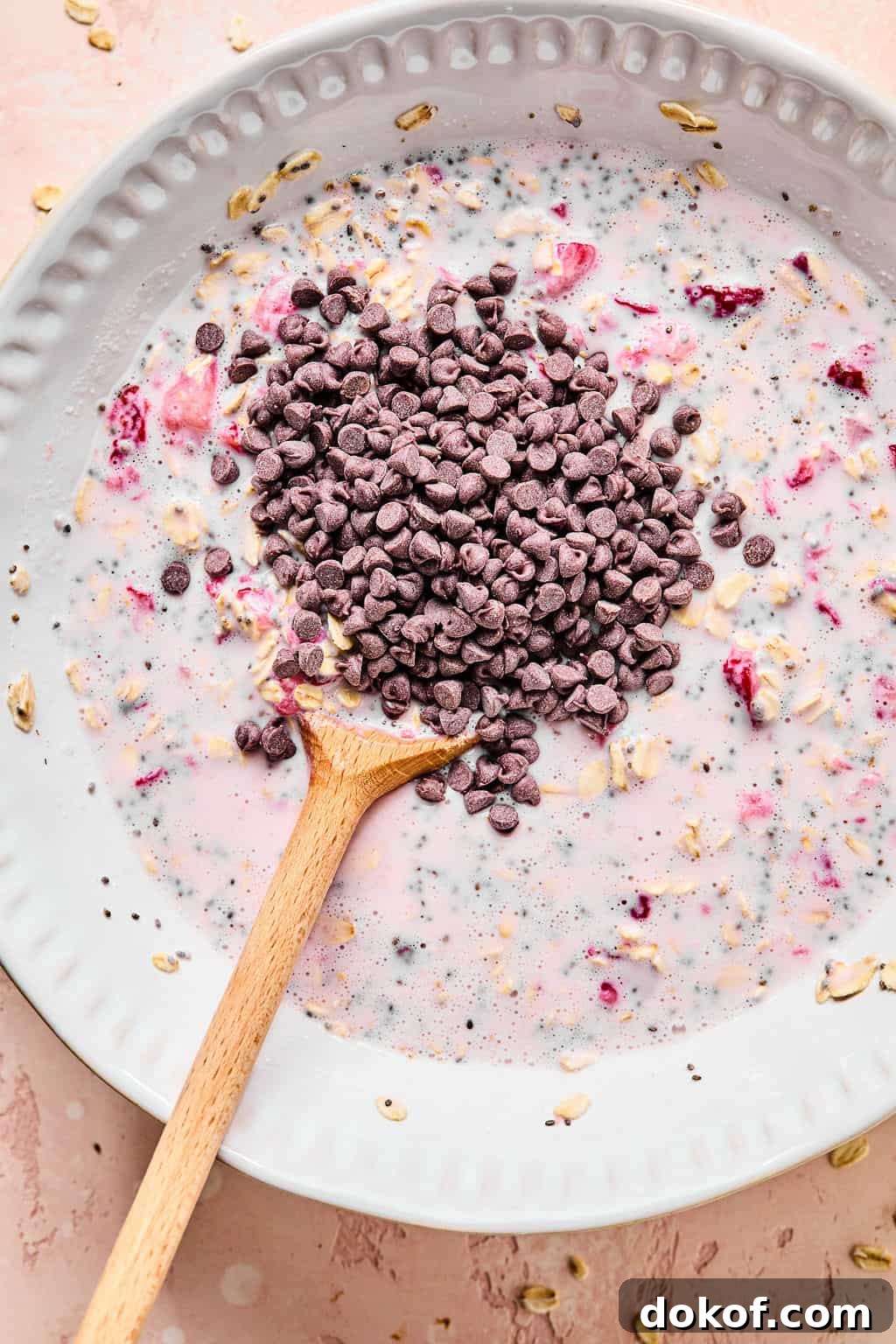 Mini chocolate chips added to bowl