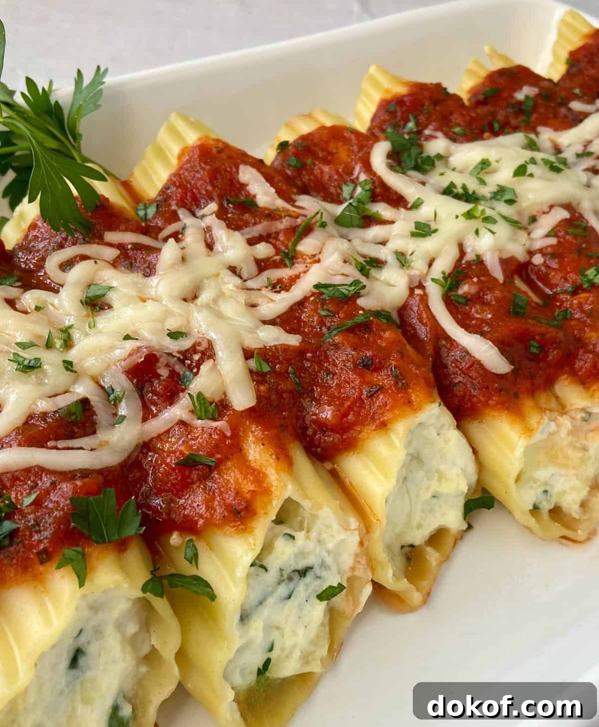 Close up image of cheese stuffed manicotti noodles.