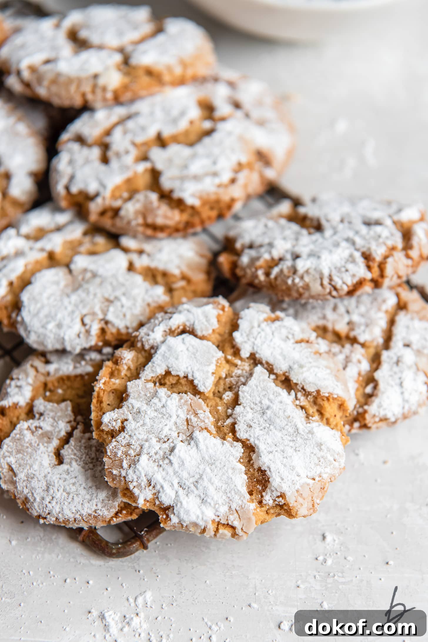 pile of peanut butter crinkle cookies coated in confectioners' sugar