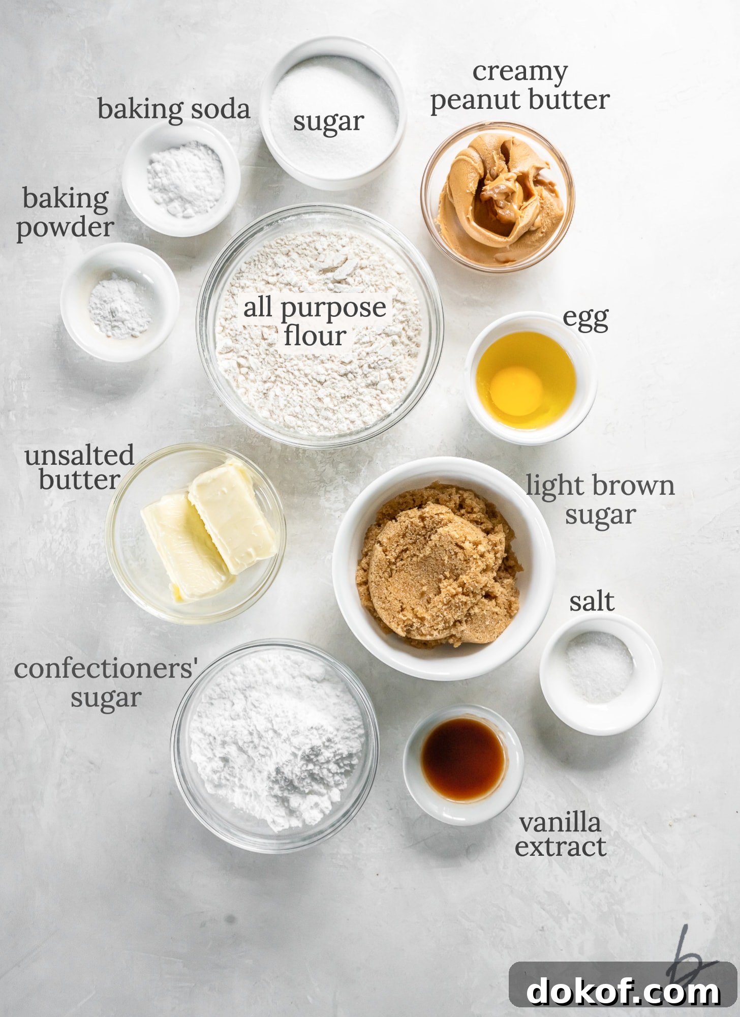 peanut butter crinkle cookies ingredients in bowls labeled with text