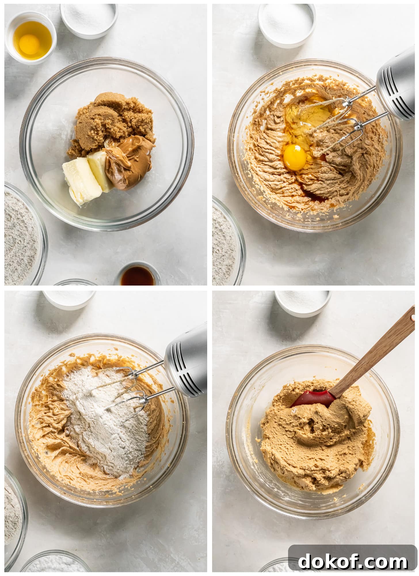 photo collage demonstrating how to make peanut butter cookie dough in a mixing howl