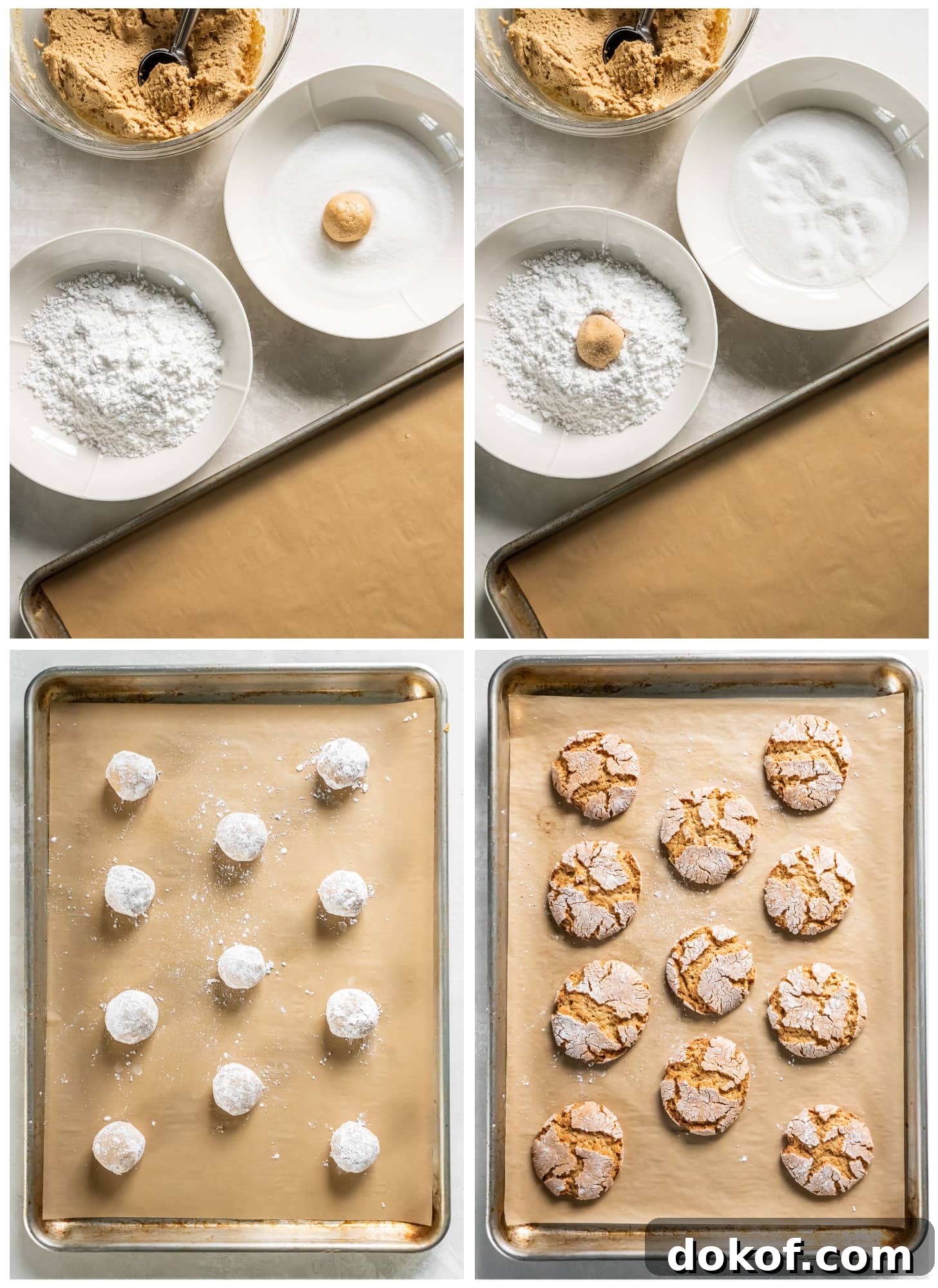 photo collage demonstrating how to coat peanut butter cookie dough in sugar and before and after cookies baked