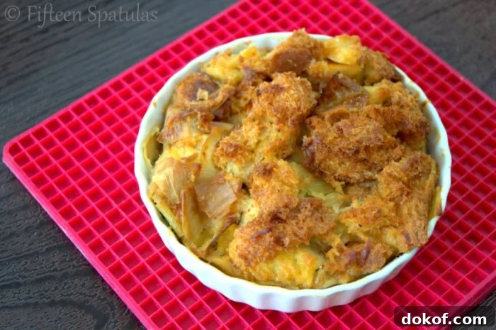 Leek Bread Pudding - In White Ramekin on Red Trivet