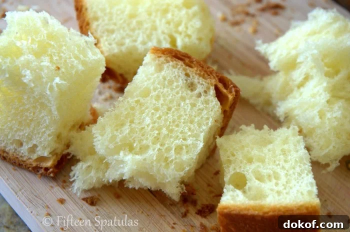 Savory Brioche Cubes on Board for Bread Pudding