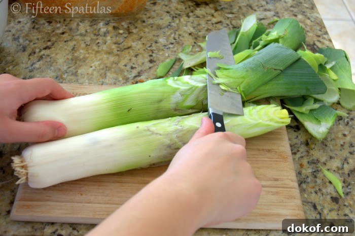 Slicing Dark Green Parts from Leeks for Thomas Keller\'s Leek Bread Pudding
