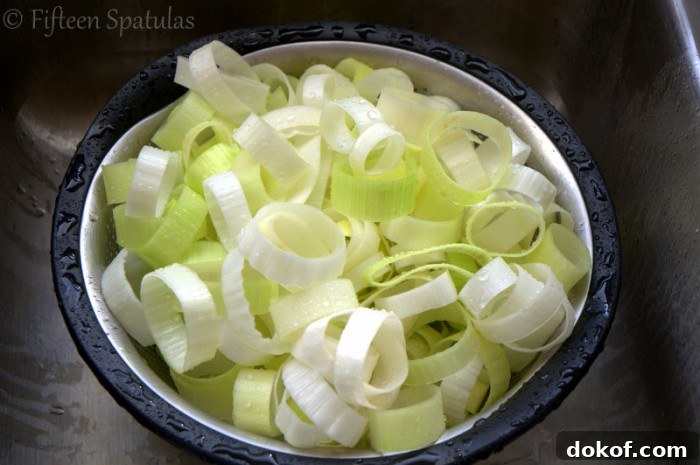 Washed Leek rings in Colander