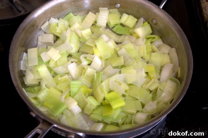 Sauteeing Leek Pieces in Skillet Until Softened