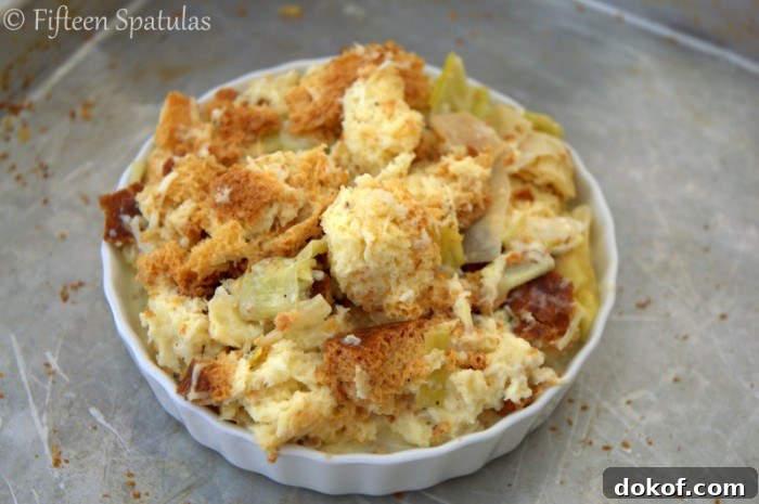 Unbaked Leek Bread Pudding on Sheet Pan in White Ramekin - Thomas Keller Recipe