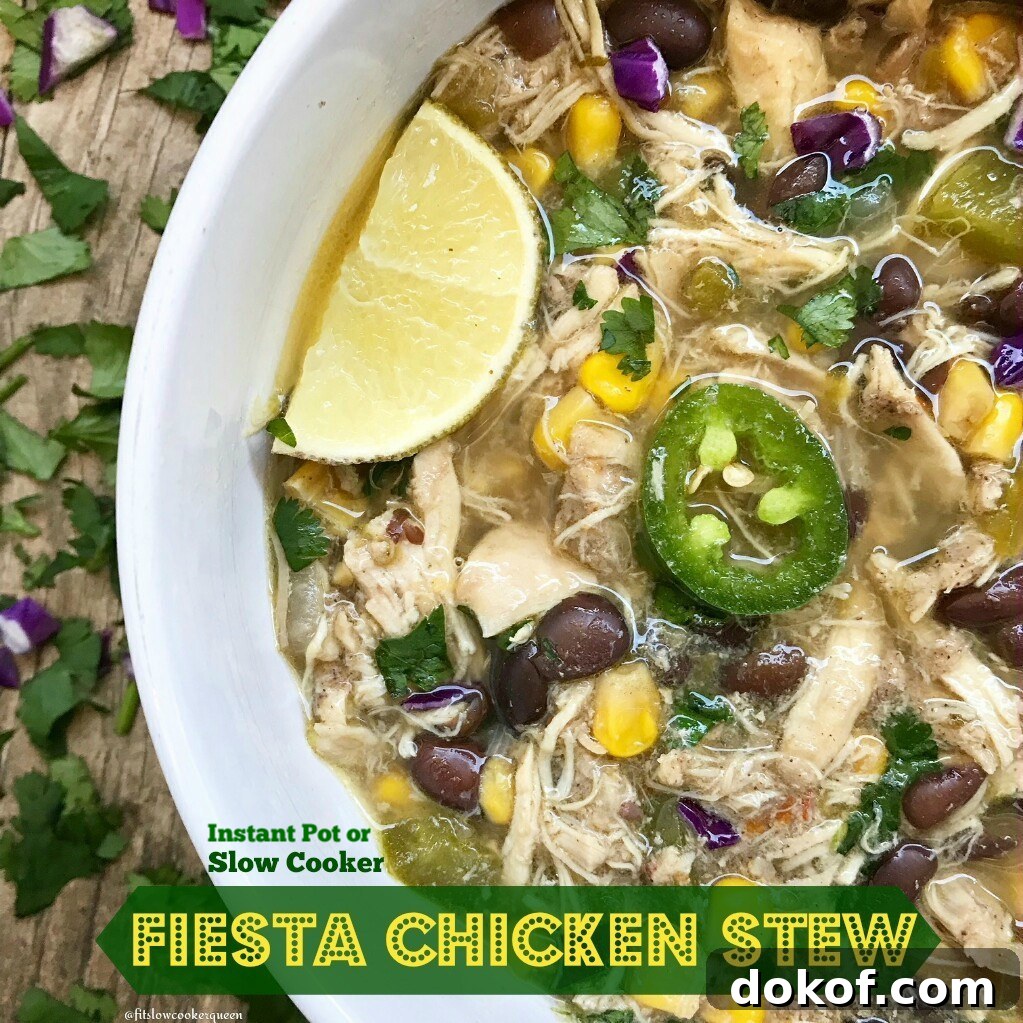 This fiesta chicken stew is definitely a party in your mouth. Bursting with flavor, this easy recipe can be served made in your slow cooker or Instant Pot. 