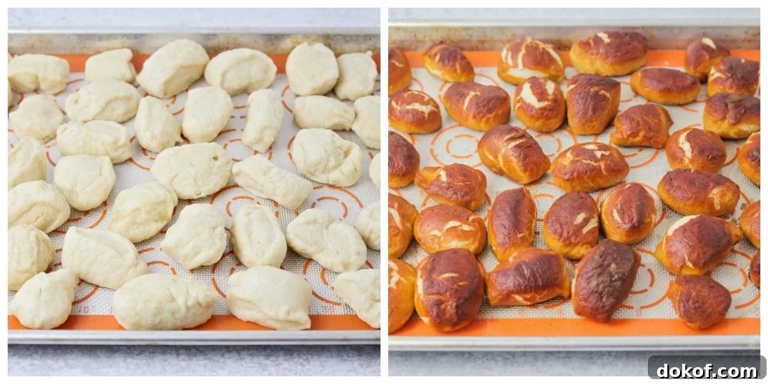 This copycat recipe for Auntie Anne's Cinnamon Sugar Pretzel Bites makes pretzels that are super soft on the inside and bursting with cinnamon sugar flavor on the outside! Pretzel bites on a sheet pan before and after baking