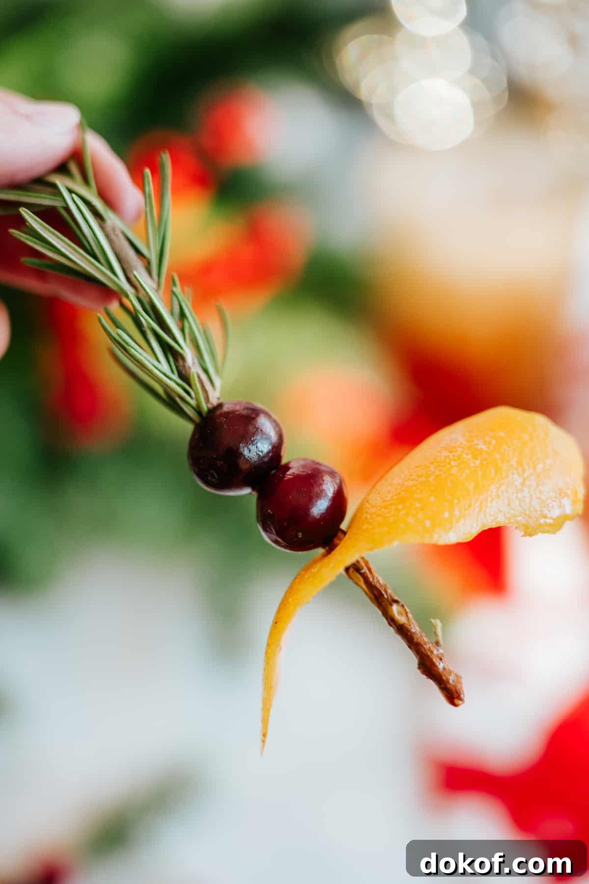 cocktail garnish made with a sprig of rosemary with two cranberries and a wide slice of orange peel stuck on the end of the branch.
