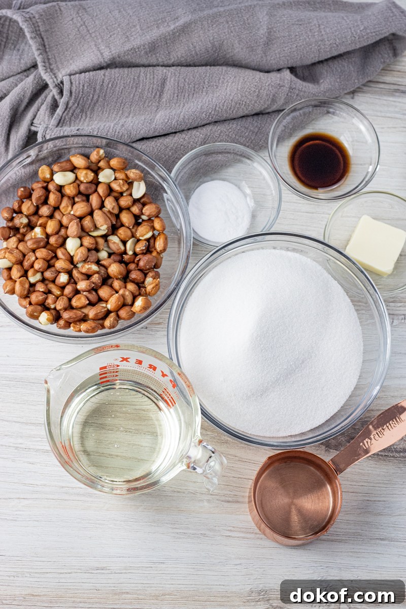 sugar, peanuts, vanilla, corn syrup, butter in small glass bowls