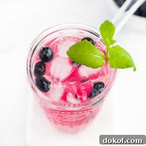 A clear cup filled with pink lemonade. There are ice cubes, berries, and a fresh sprig of bright green mint in the cup.