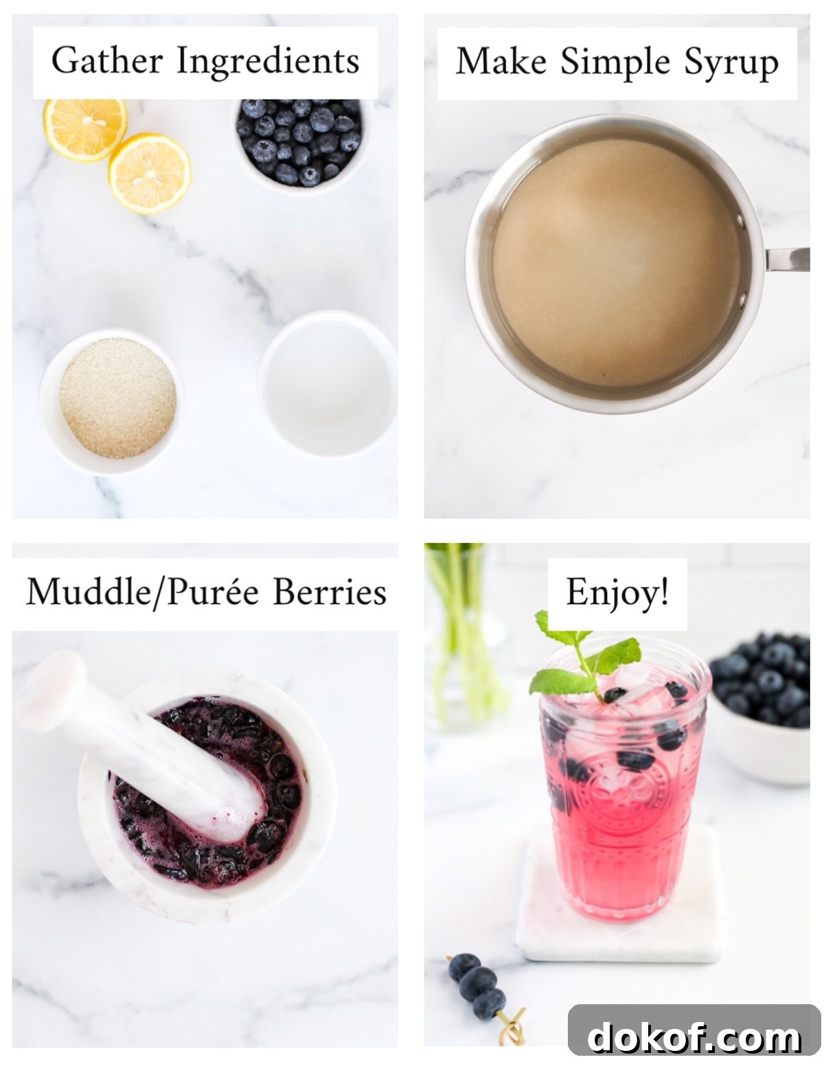 Refreshing Blueberry Lemonade Recipe with Fresh Lemon Zest 4 Step by step process of making lemonade including: gather ingredients, make simple syrup, muddle/puree berries, and enjoy!