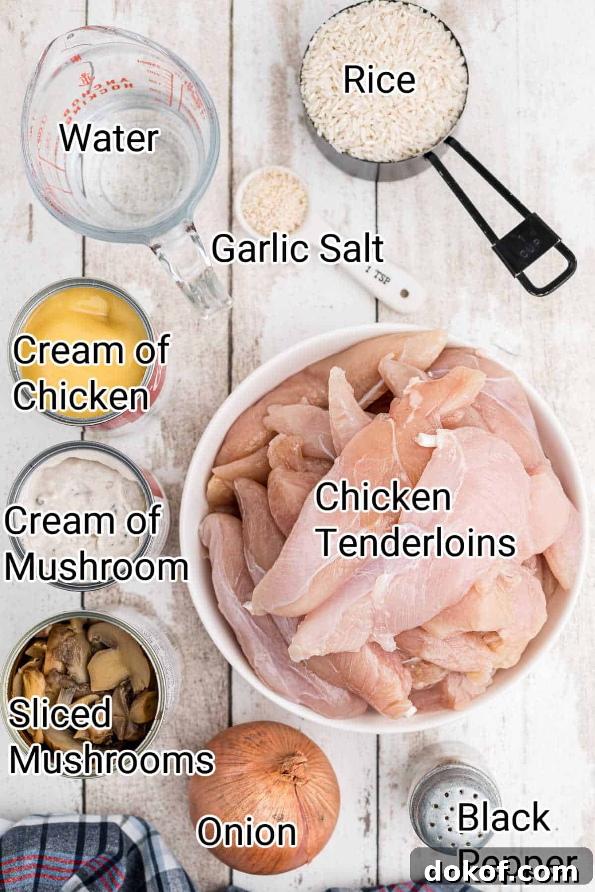 Ingredients laid out that will go into aCracker Barrel Chicken and Rice Recipe
