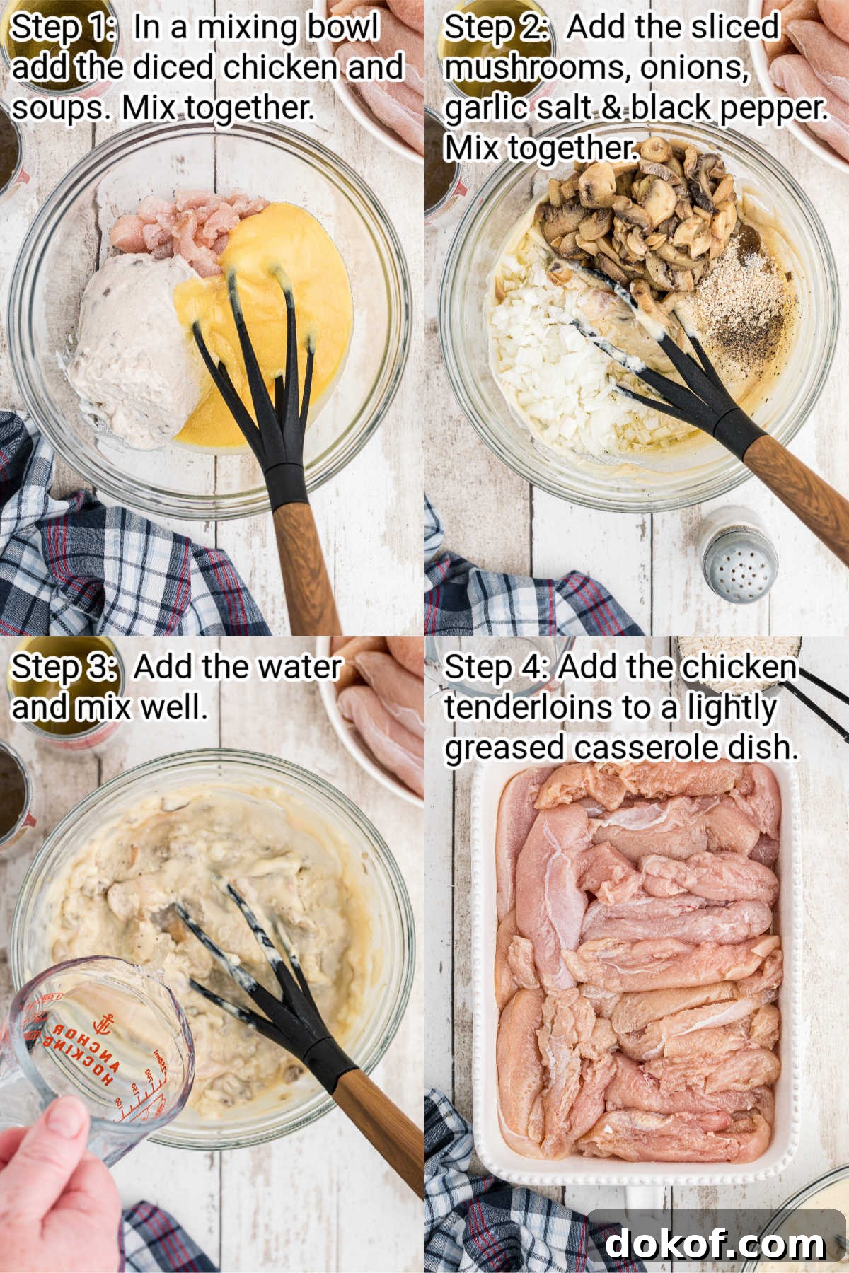 Cracker Barrel Chicken and Rice Recipe steps 1 through 4 - four images showing the breakdown how to make the dish
