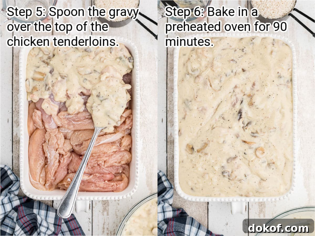 Cracker Barrel Chicken and Rice Recipe Steps 5-6 showing two casserole dishes one with just chicken the other with a gravy being spooned on top