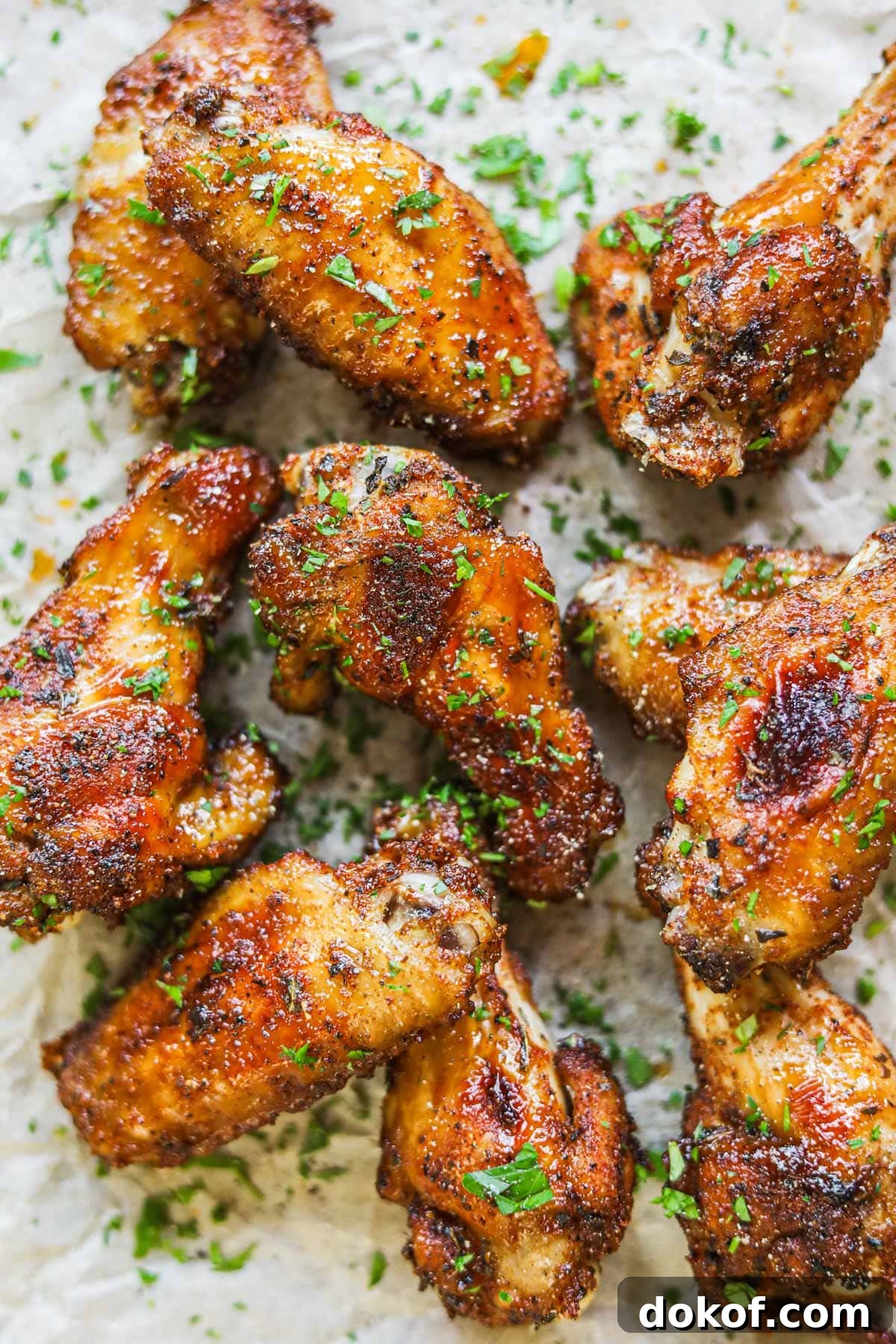 Baked dry rub chicken wings made with a brown sugar rub topped with finely chopped parsley on a sheet of parchment paper.