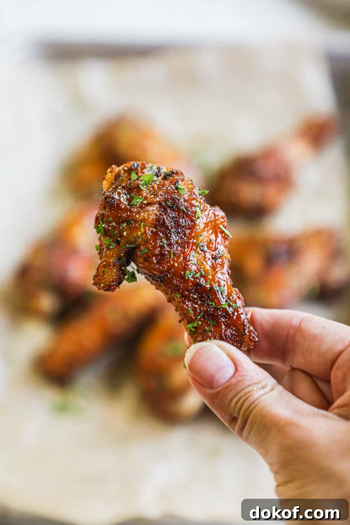 Hand holding dry rub chicken drummette made with a brown sugar dry rub.