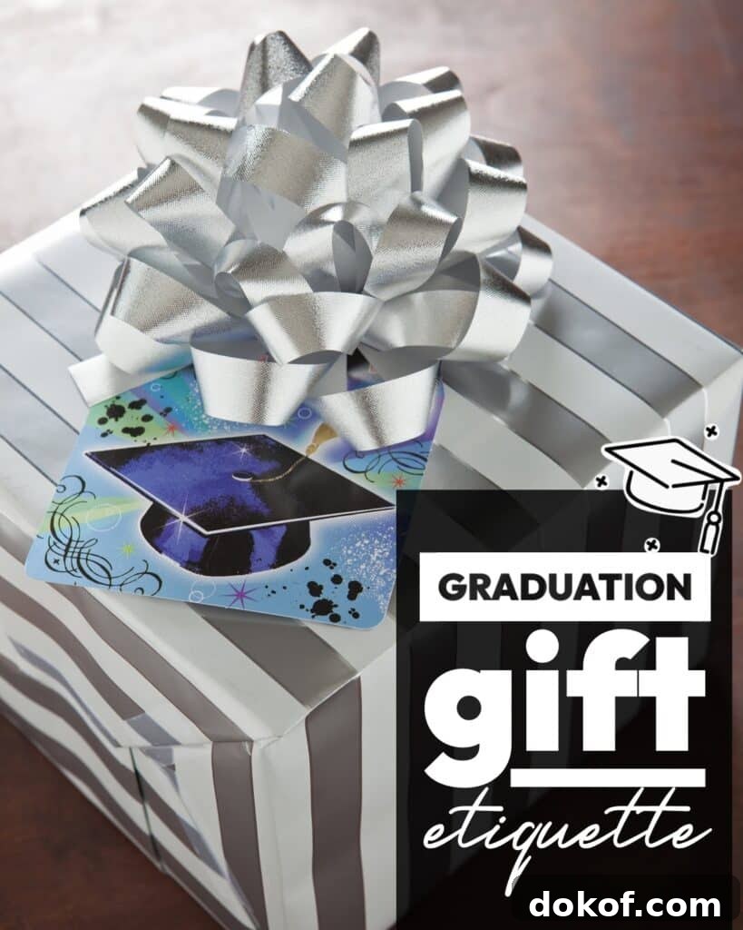 Wrapped present with silver bow with Graduation Gift Etiquette text overlay.