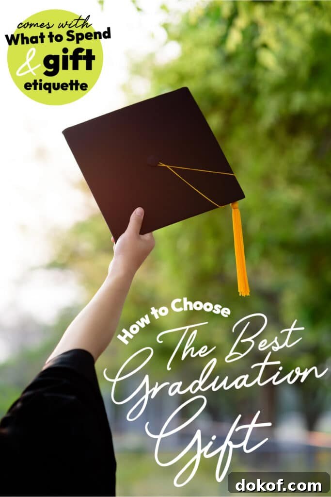 Graduate holding cap in the air with Graduation Gift Etiquette text overlay.