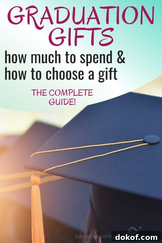 Rear view of woman wearing a dark blue mortar board with gold tassel & Graduation Gift Etiquette text overlay.