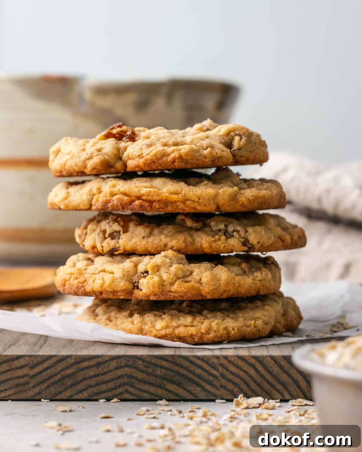 A stack of five gluten free oatmeal raisin cookies sitting on a cutting board.