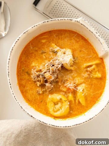 Rustic Italian tortellini soup with sausage in a bowl topped with parmesan cheese.