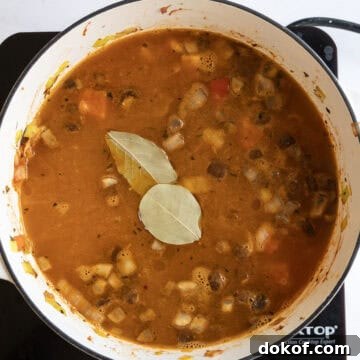 Broth and bay leaves in a pot.