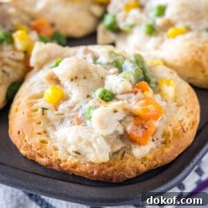 Close up of a mini chicken pot pie in a muffin tin.