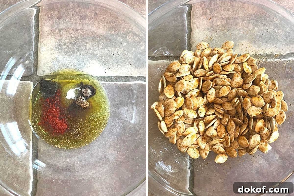 A collage of two images showing how to season pumpkin seeds.