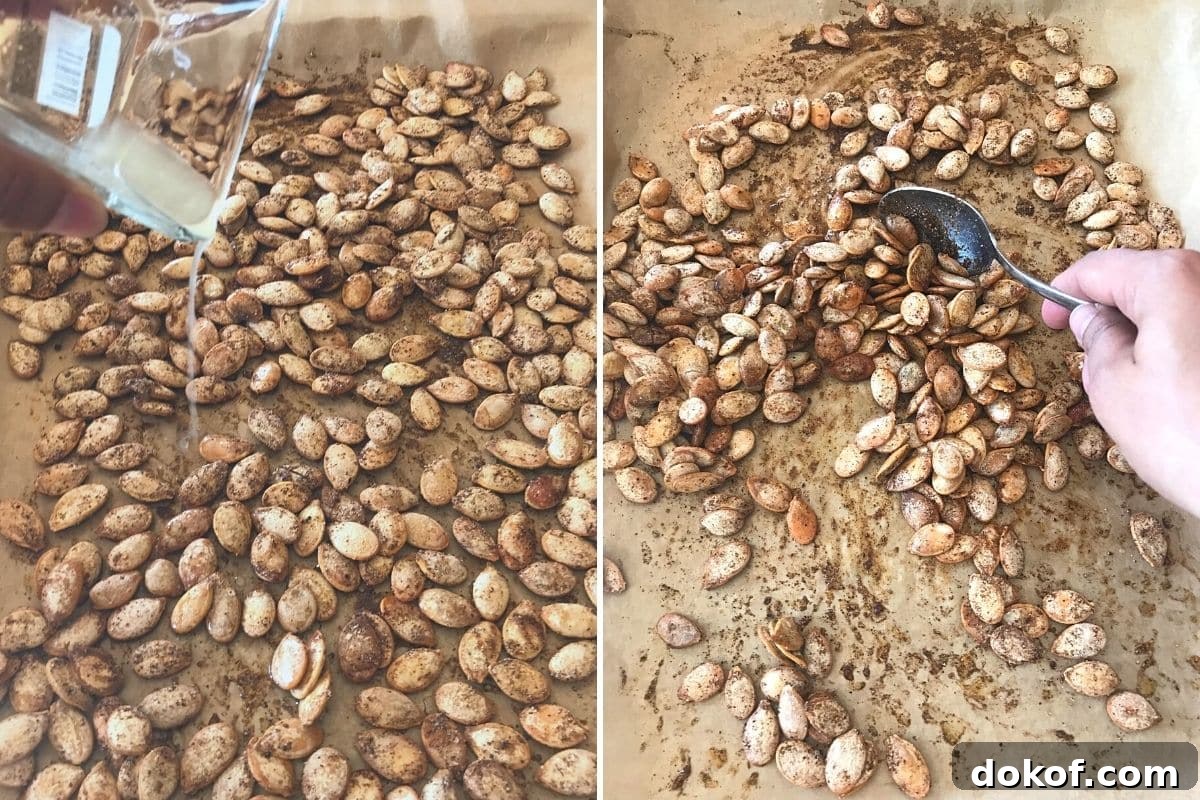 A collage of two images showing how to finish off spicy pumpkin seeds.