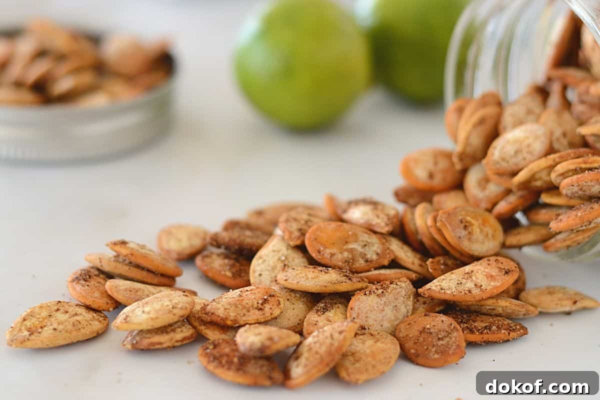 Spicy roasted pumpkin seeds falling from a glass jar on a white marble surface.