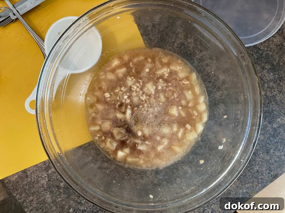 Glass bowl with microwave oatmeal and chopped apples from above.